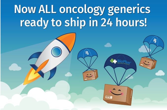 Title says: Now all oncology medications ready to ship in 24 hours. Image shows retro rocket ship and happy BioPlus boxes parachuting down.